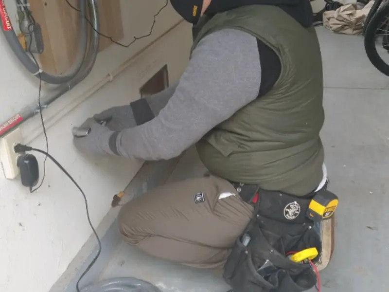 Electrician performing outlet wiring in a Milton garage